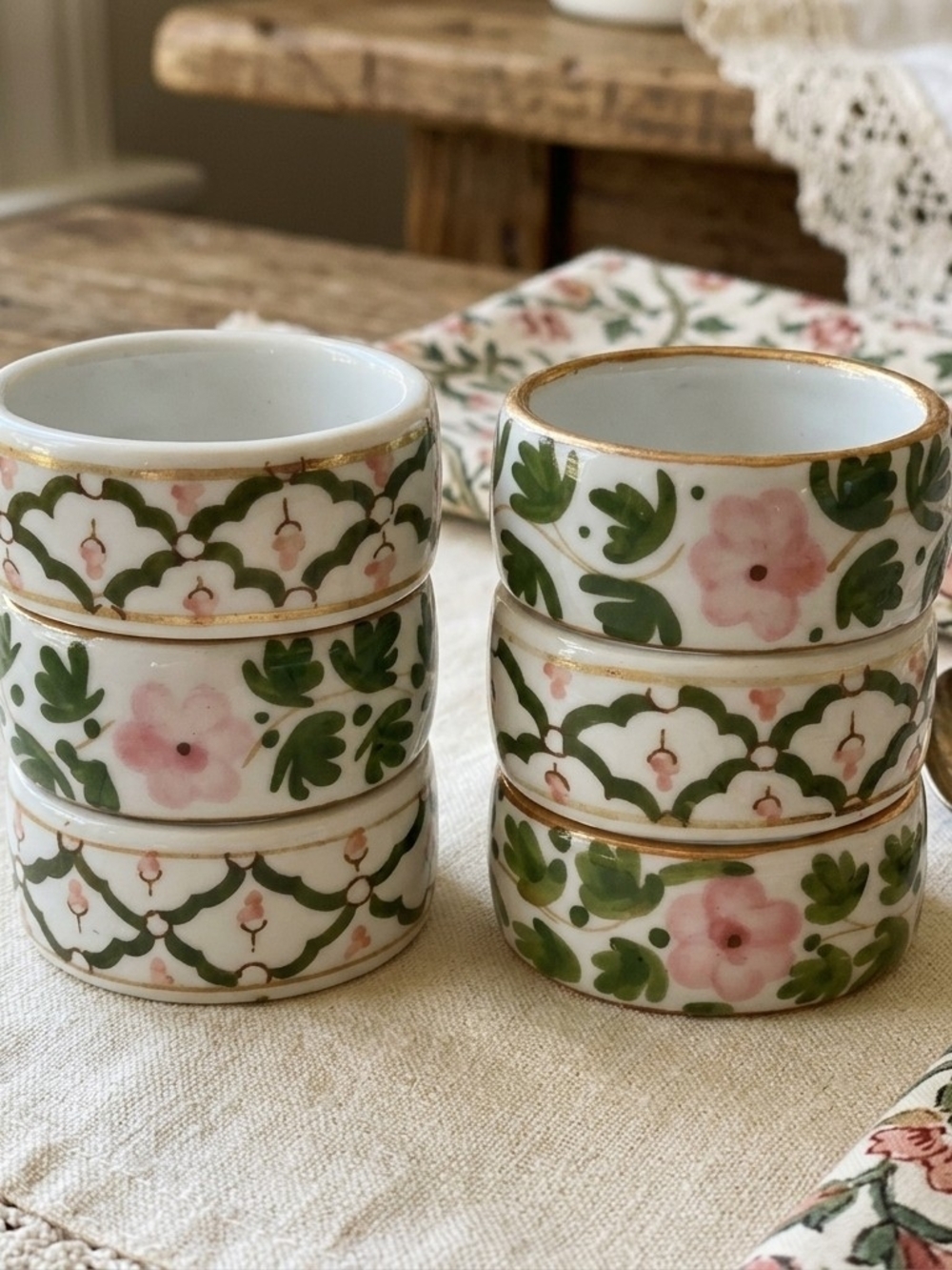 VTG Shabby Chic Hand Painted Porcelain Napkin Rings Set of 6 Pink Rose Lattice